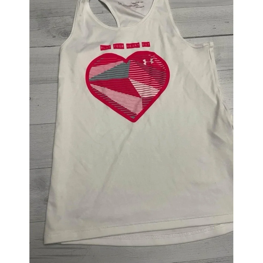 Under Armour girls white tank top pink heart play your heart out‎ youth small
